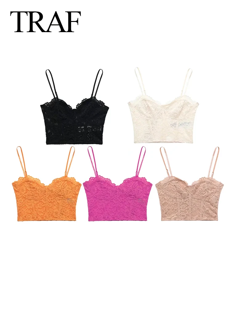 

TRAF Elegant Adjustable Sling Sleeveless Backless Tank Top Bra Wrap Chest Lace Mesh Tight Sexy Solid Color Vest Women Summer