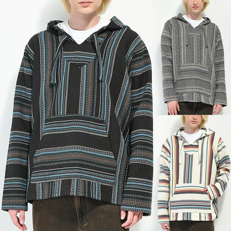 

European and American men's retro striped hoodie fashion casual coat