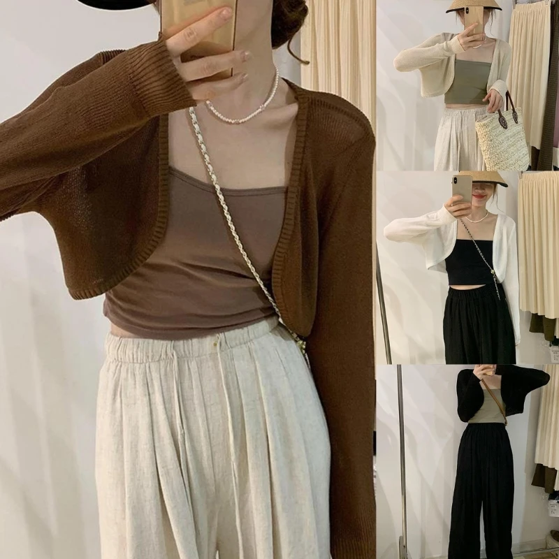 

Женские укороченные свитера с длинными рукавами и открытым передом, кардиганы-болеро, куртки, легкие вязаные шали, топы,