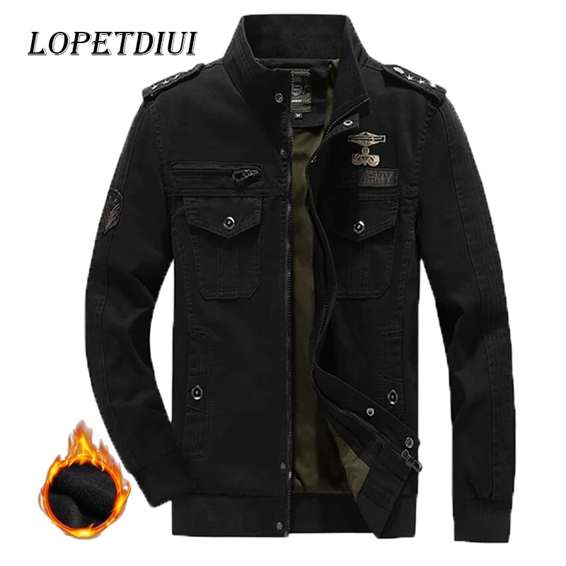 

2023 New Men Autumn Winter Plush Casual Windproof Keep Warm Jacket Coats Embroidery Solid Color Military Affairs