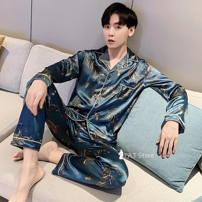 QUHENG Pajamas for Men Long Sleeve Satin Black Silk Pajamas Set New Home Wear Autumn Pijamas Lounge Wear Man Sleepwear for Suit