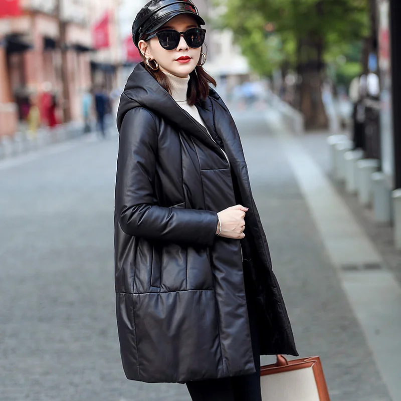 

100% genuine leather real 2023 new winter Down jacket women's medium length sheep hooded Haining casual Korean coat