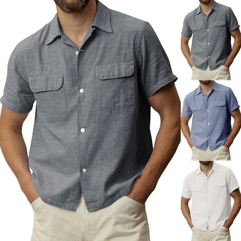 

Stand Collor Shirts Mens Short Sleeve Cuban Shirts Casual Summer Button Blouse Tops Fashion Bussiness Solid Color Tees