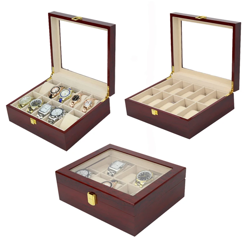 2/3/5/6/10/12 Slots Watch Box Organizer Piano With Baking Paint Wooden Jewelry Storage Case Men Glass Top Watches Display Boxes