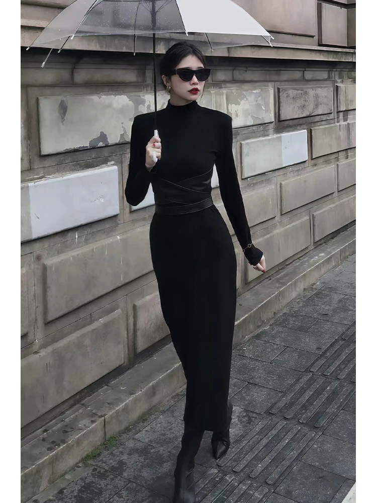 Осеннее новое сексуальное высококачественное темпераментное черное платье с