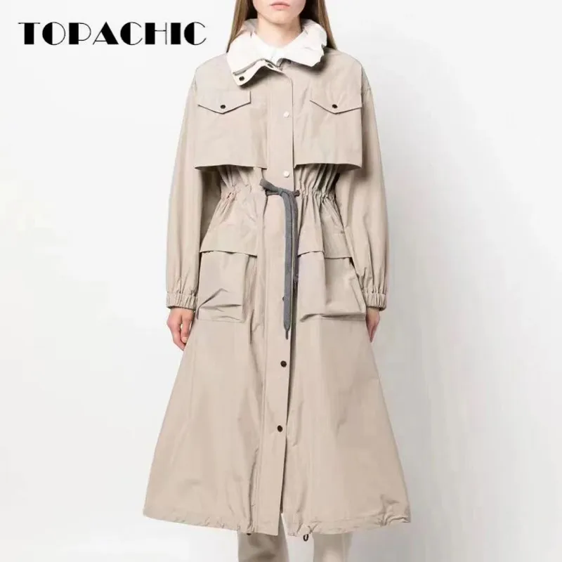 

9.5 TCPACHIC Women's Temperament Elegant Big Pocket Drawstring Collect Waist Design Zipper A-Line Long Trench Coat