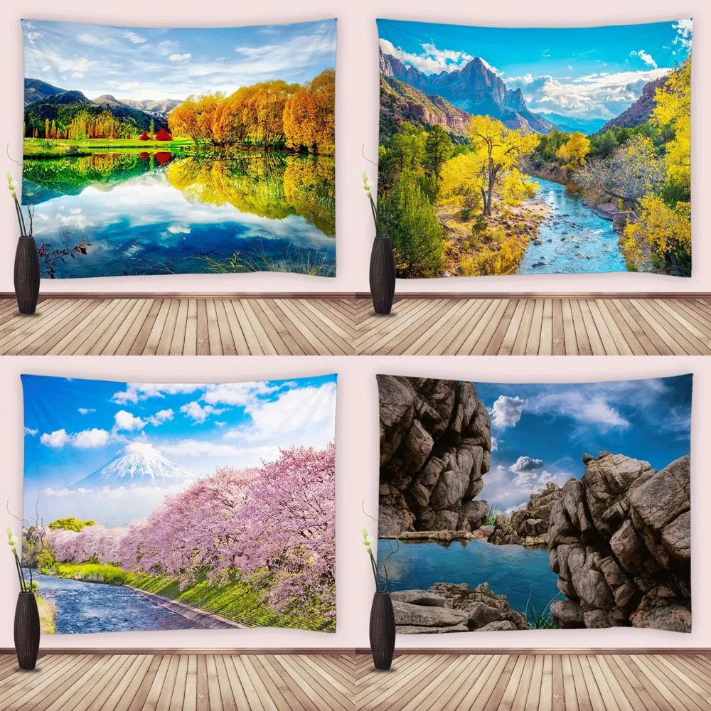 

Nature Mountain Forest Tapestry Scenic Tree Cherry Blossom Landscape Stream Lake Wall Hanging Tapestries Home Office Dorm Decor