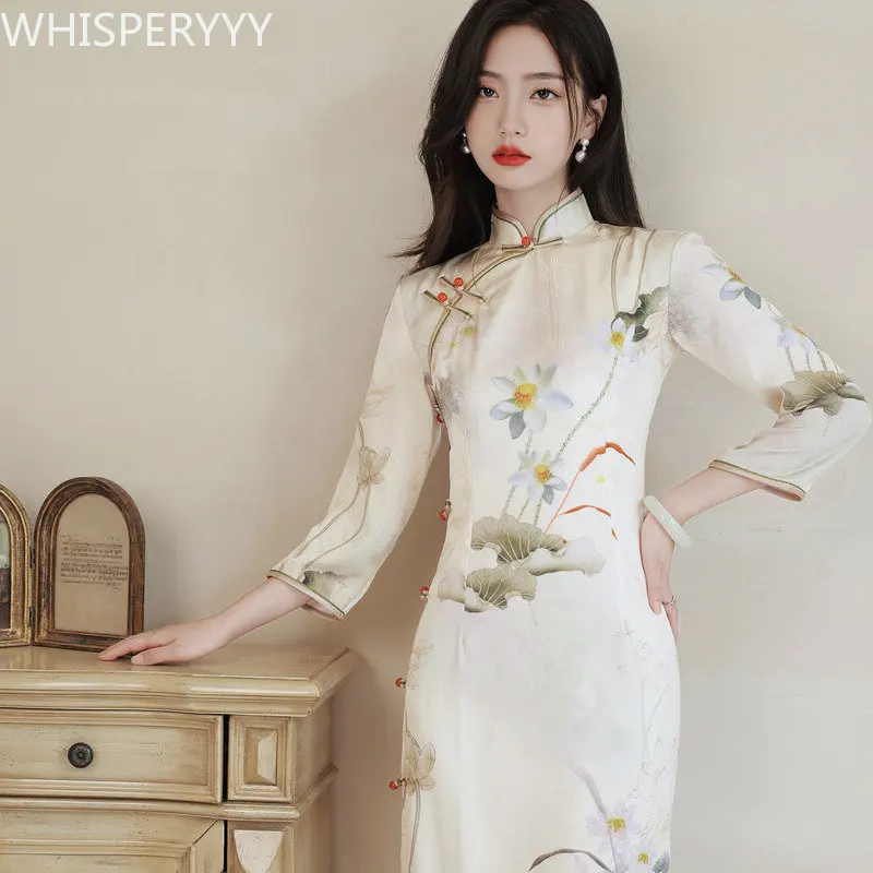 

Ципао в улучшенном стиле женское, Элегантное Длинное винтажное платье в китайском стиле, традиционная одежда, весна 2023