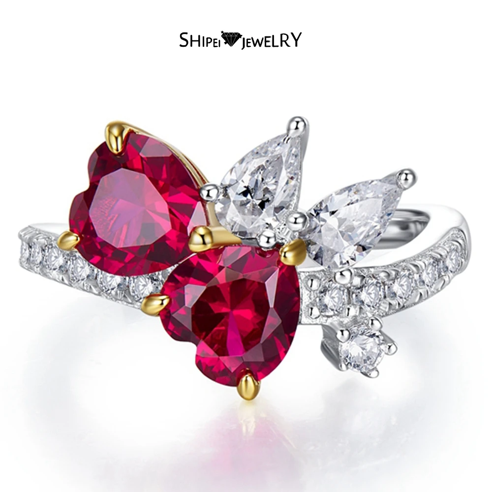 

Shipei 6*6 MM Heart Cut Ruby High Carbon Diamond Gemstone Ring 925 Sterling Silver Ring For Women Engagement Fine Jewelry Gifts