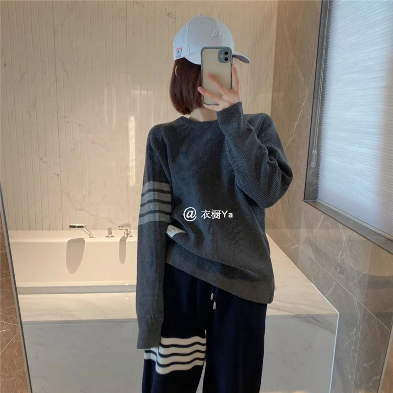 

High Quality Korean Fashion Spring New Waffle Pullover Sweater TB College Style Round Neck Sweater Four Bars Ins Slim Top
