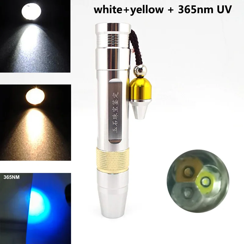 

powerful 3 in 1 UV 365nm 395nm Led Flashlight white yellow light torches Ultraviolet jewelry jade stone violet fluorescence lamp