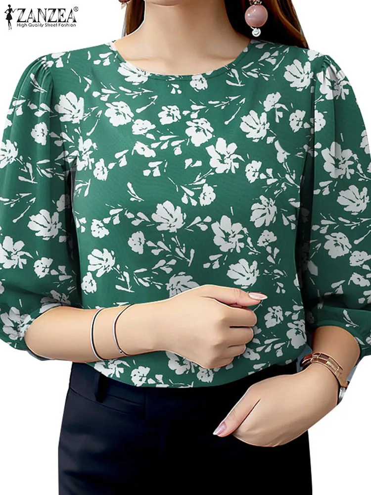 ZANZEA женские Blusas Mujer с пышными рукавами элегантные рубашки круглым вырезом и