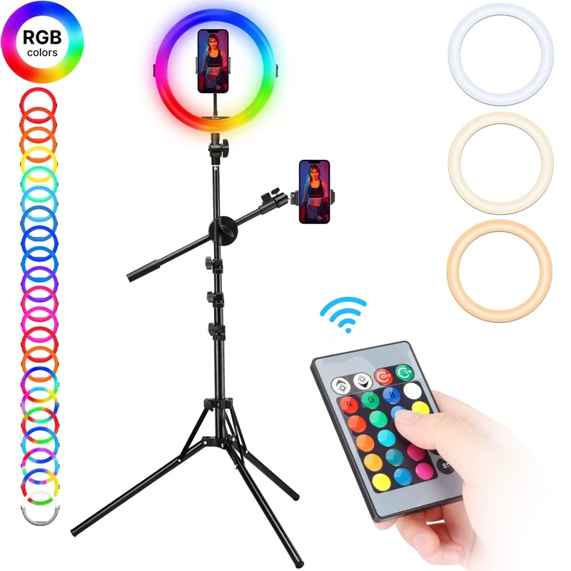 

VIJIM K15 RGB Selfie Ring Light Stand Dimmable Lamp Fill Lights For YouTube Make up Streaming 11"1.73m Tripod Vlog Kit