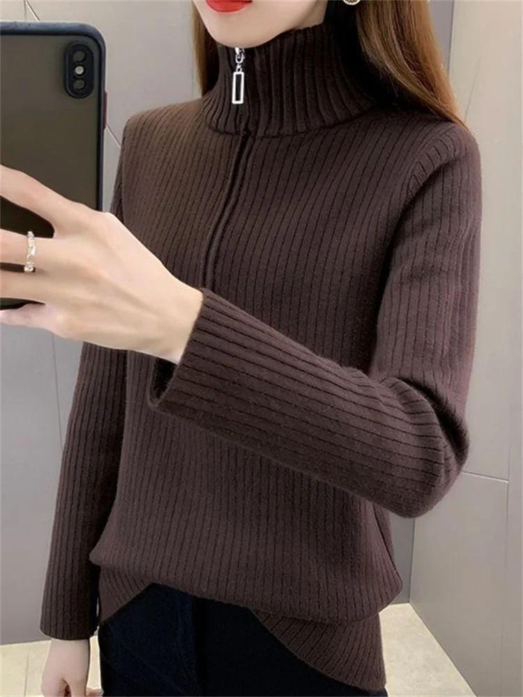 Fleece-lined Sweater Women Autumn and Winter Fashion Zip-up Turtleneck Design Integrated Velvet Bottoming Shirt Inner wear Th...