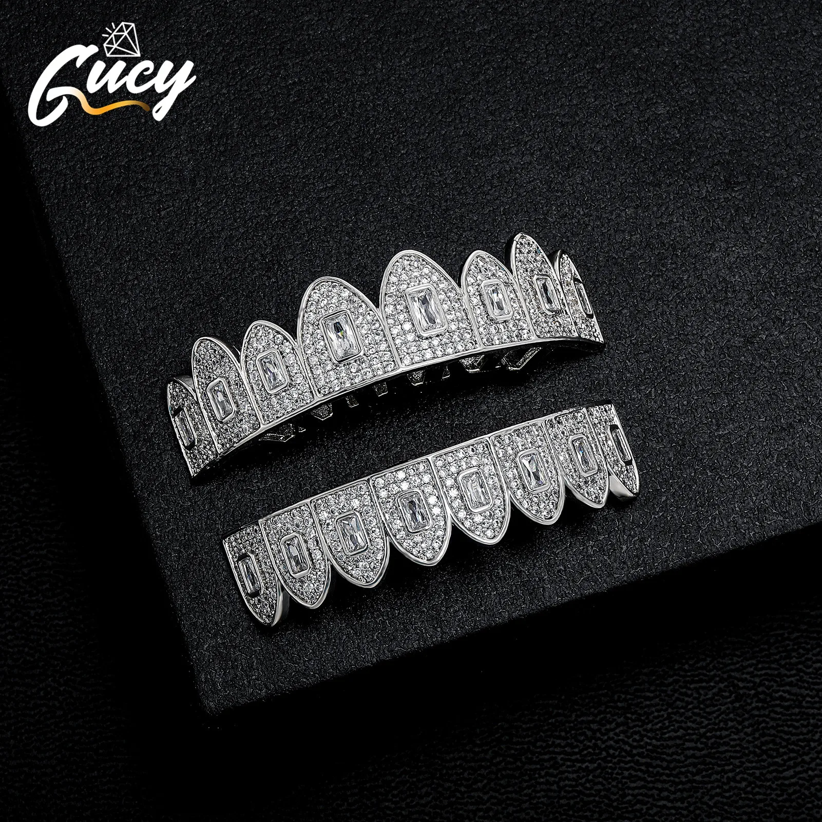 

GUCY Hip Hop Micro Teeth Grillz For Men Iced Out Cubic Zircon Top Bottom Tooth Cap Cover Cosplay Jewelry