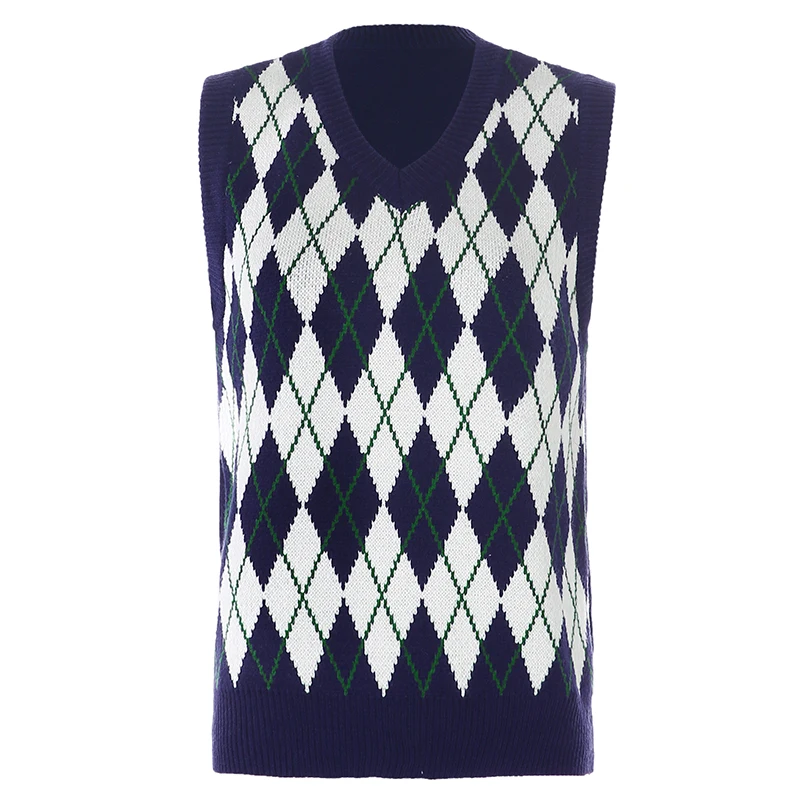

Women'sCute Sleeveless Knitted Sweater Vest Old Street Vest New All-match V-neck Plaid Contrast Diamond Lattice Woolen Vest