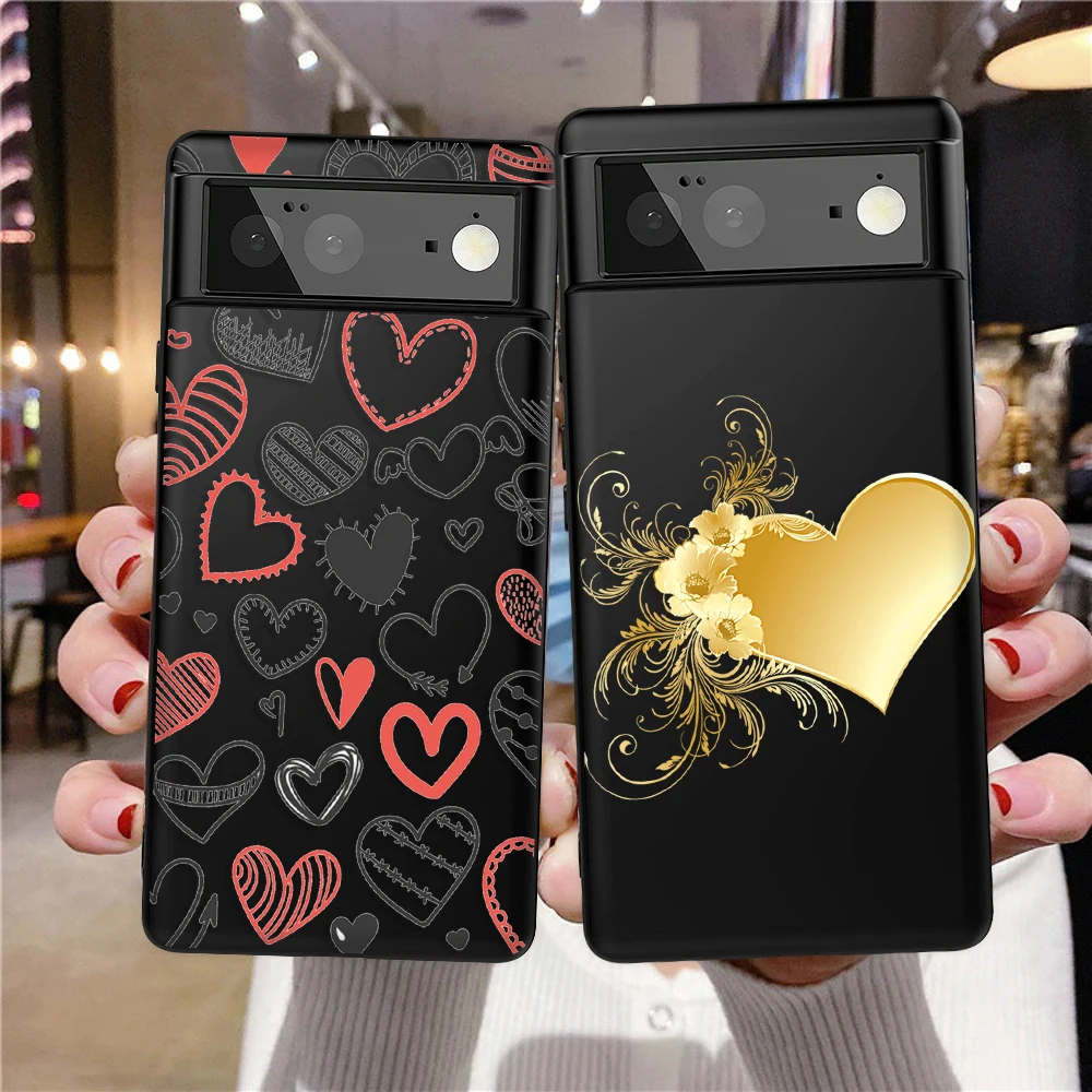 

Cartoon Heart Shape Phone Case For Google Pixel 7a 7Pro 7 6a 6 6Pro 5 5a 4a 5G 4XL 4 3 3a 3aXL Luxury Black Cases Soft TPU Cover