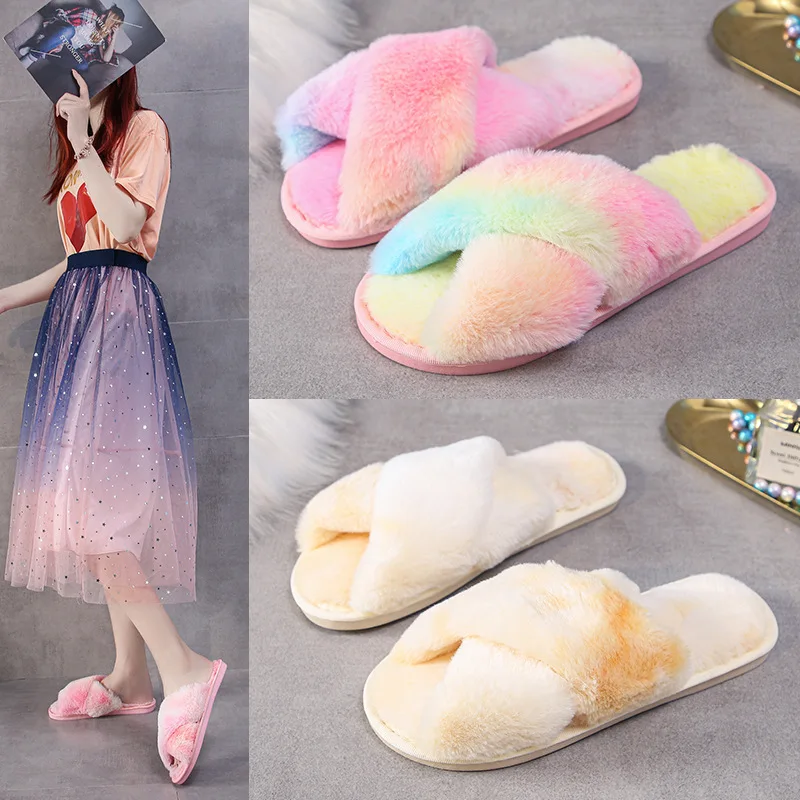 

New Leisure Bedroom Bottom Cross Plush Slipper Winter Indoor Warm Home Rainbow Non-Slip Flip-Flops Women Mute Cotton Slippers