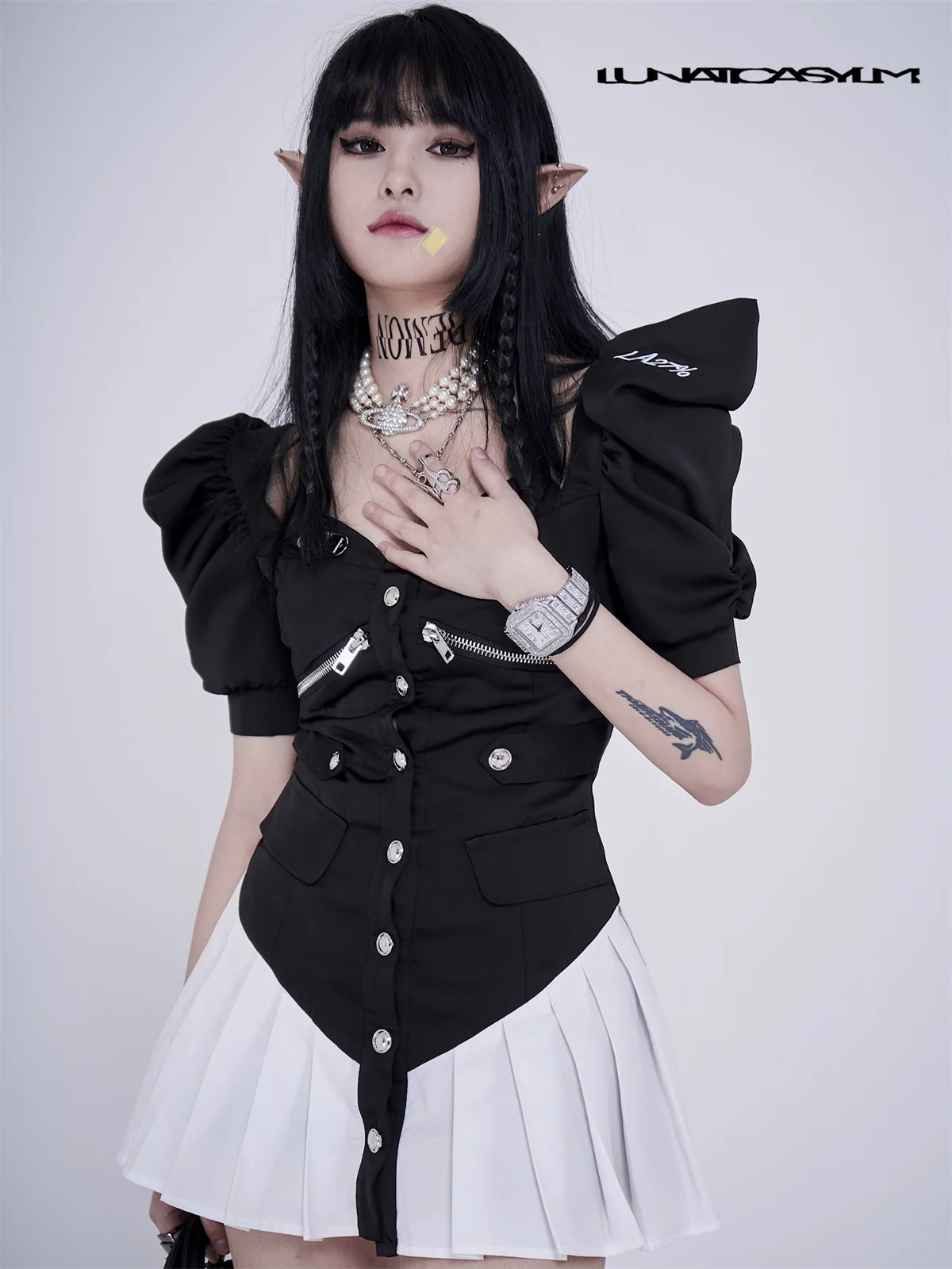 LUNATICASYLM Harajuku Y2K панк стиль готика Лолита темное мини черное платье с рукавами