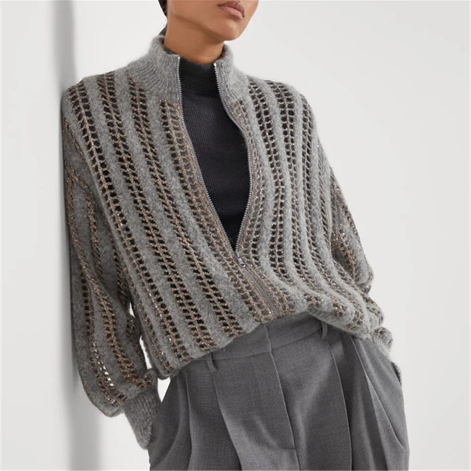Шерстяной и мохеровый ослепительный сетчатый кардиган для женщин высокое