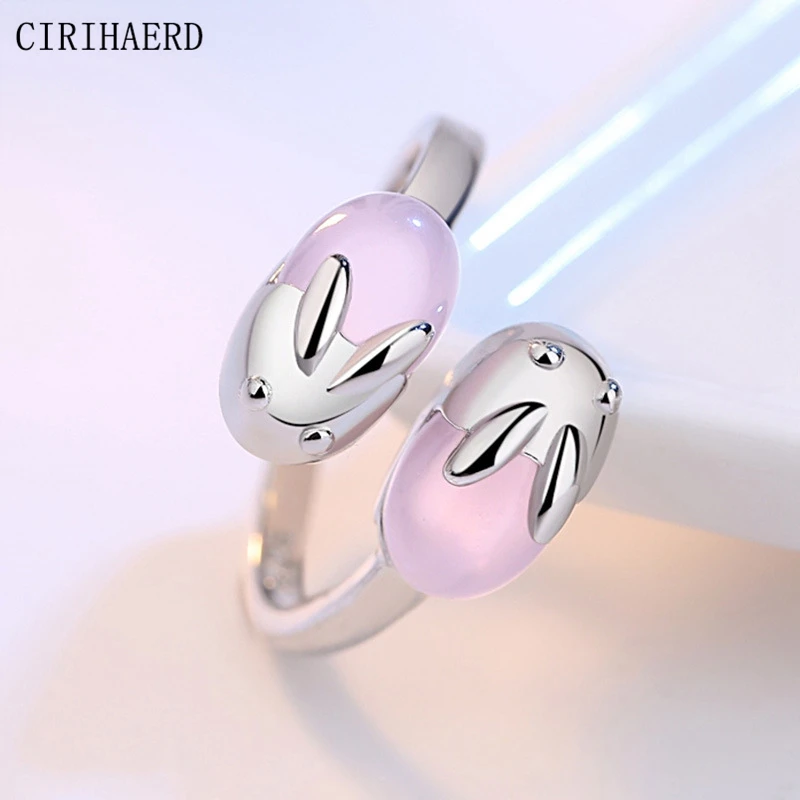 

925 Sterling Silver Women's Rings Cute Pink Crystal Rabbit Children Kids Jewellery For Girls Rings Teens Jewelry Women Wholesal