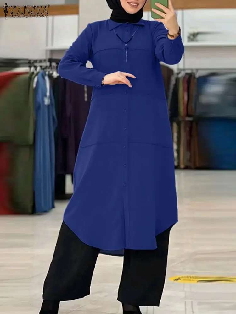 Модная мусульманская рубашка ZANZEA женские топы с отложным воротником и длинным