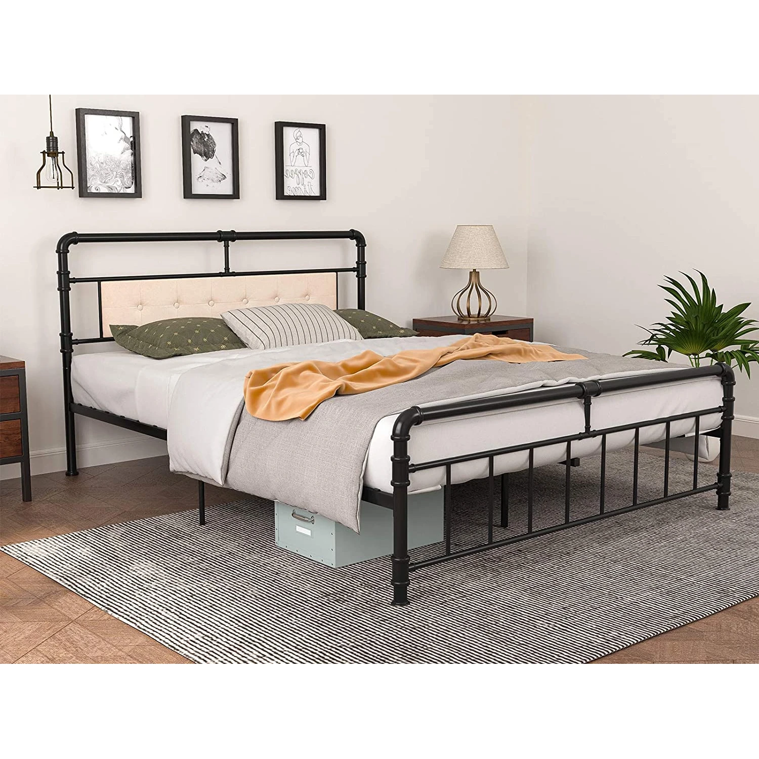 W/vintage Upholstered Headboard&footboard Premium Heavy Duty Steel Slat Support