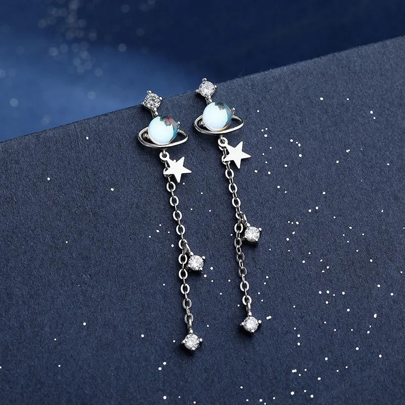 

S925 Silver Streamer Planet Saturn Earrings Women's Tassel New Star Earrings Ear Chain Girl Jewelry Earrings Pendants