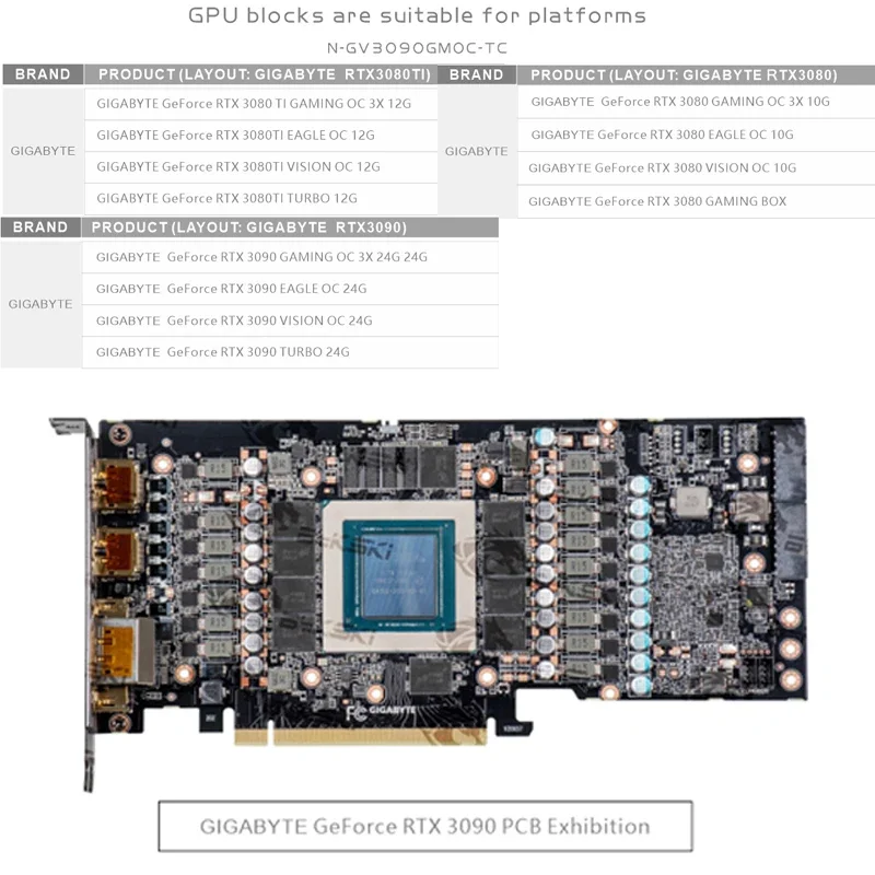 Фото Блок графического процессора Bykski N-GV3090GMOC-TC для Gigabyte RTX3080/3090/3080TI, игровая объединительная плата OC, видеокарта с водяным охлаждением/медный радиатор №2