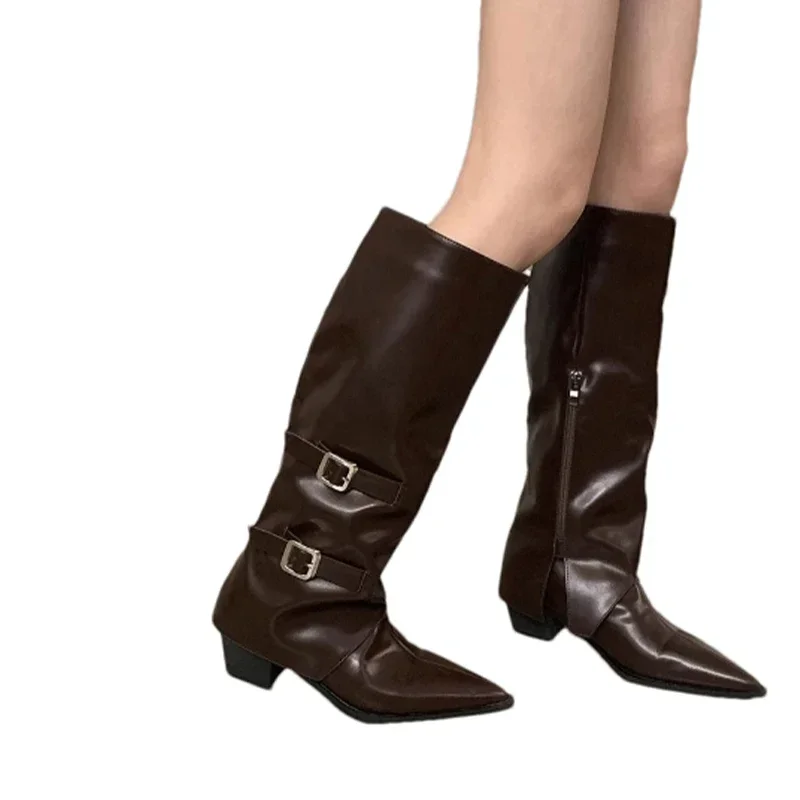 Женские ботинки челси с острым носком сапоги до колена на среднем каблуке зимняя