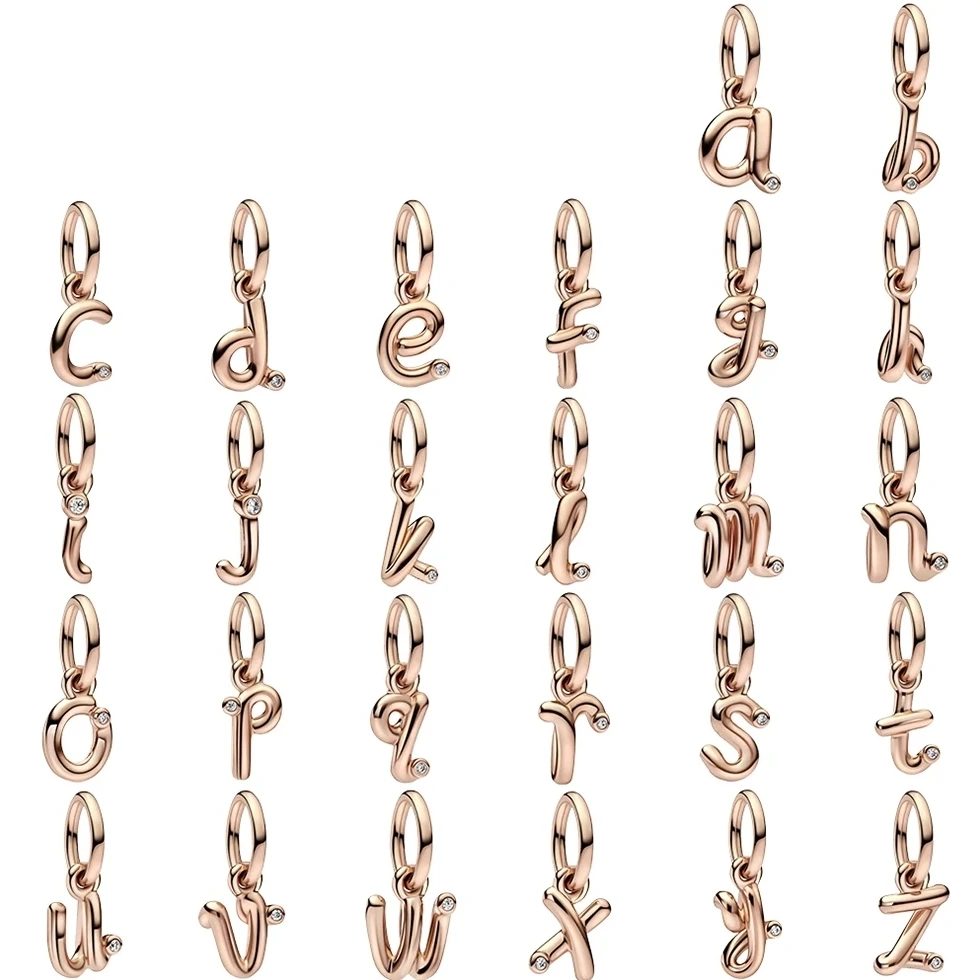 

2023 Rose Color 925 Sterling Silver New 26 Letters Script Alphabet Dangle Charm Fit Bracelet and Necklace DIY Gift For Women