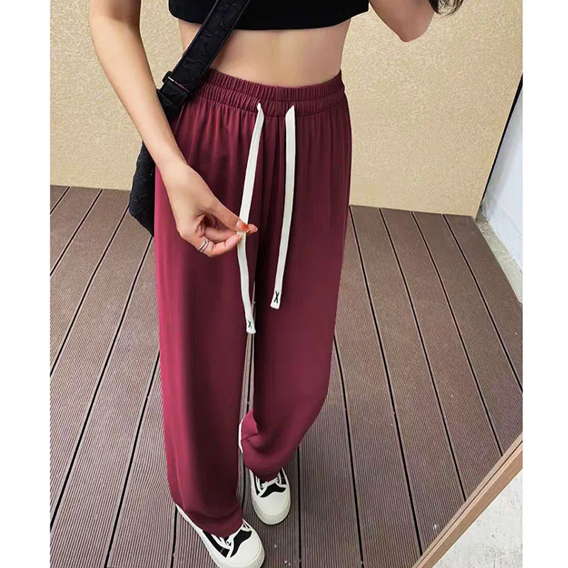 

Женская одежда Y2K розового цвета из ледяного шелка с высокой талией и широкими штанинами, новинка, повседневный рюкзак, прямой костюм, брюки-джоггеры, лето 2023