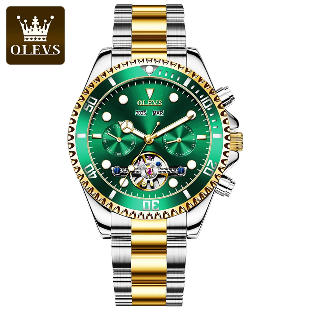 OLEVS Green Water Ghost Machinery Watches For Men Luxury Stainless Steel Waterproof Watch Three eye Multifunctional Wristwatch