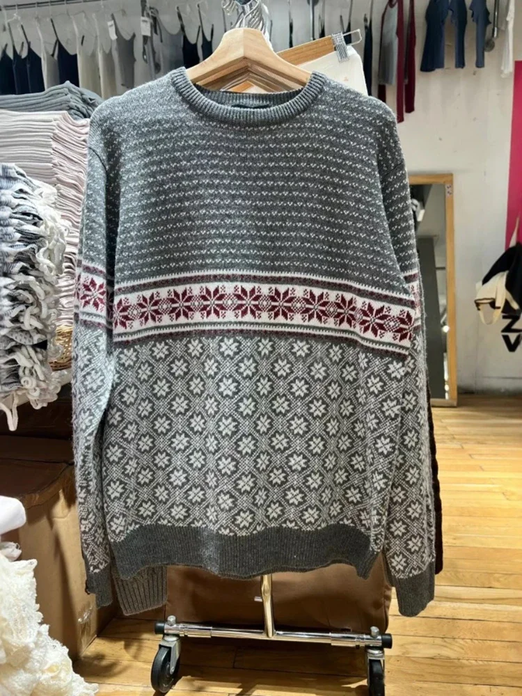 Винтажный вязаный свитер со снежинками для женщин осень 2024 универсальный узкий