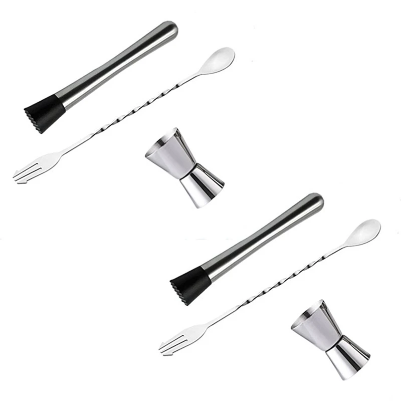 

New 2X Stainless Steel Cocktail Muddler, Mixing Spoon, Jigger Set, Bar Tool Set For Bar Party Wine Cocktail Drink Shaker