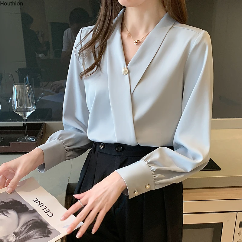 

Satin Slim Fit Women's Blouses New Casual Shirt Fashion Long Sleeve Top Solid Color Pearl Spring Korean Style Female Clothing