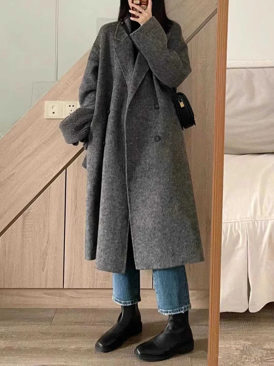 Осень-зима 2024 новое серое двустороннее кашемировое пальто женское свободное