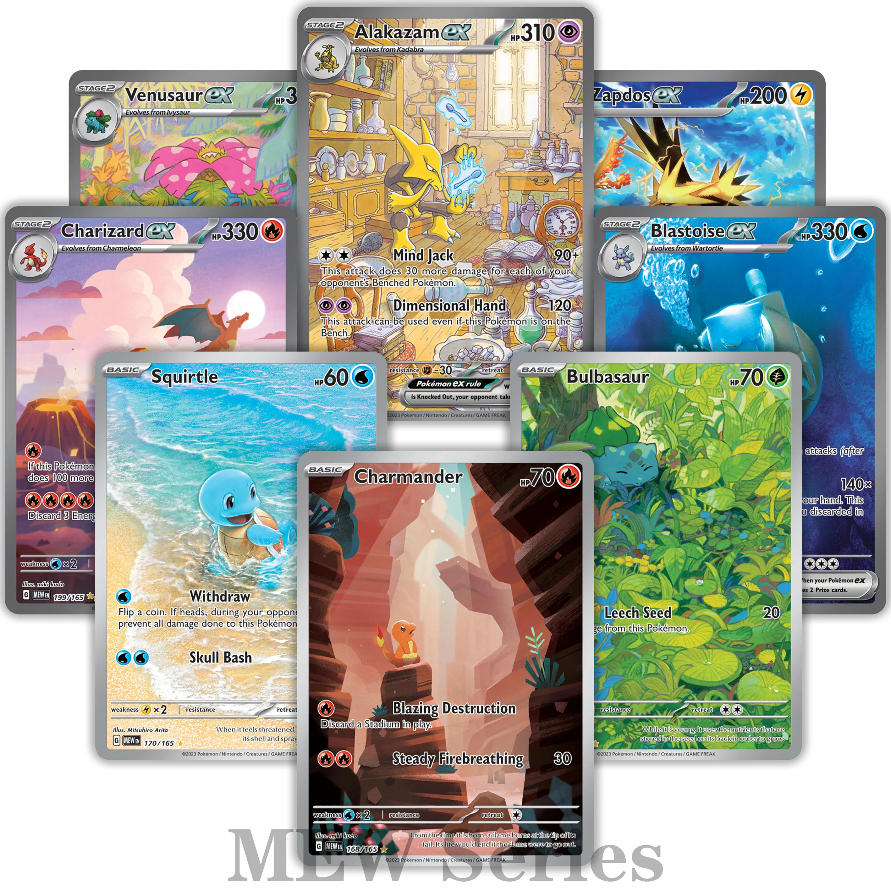 Фото Коллекционные карты PTCG серии MEW: Редкие голографические карты Alakazam-201, Blastoise/Charizard/Venusaur/Zapdos Ex с эксклюзивными иллюстрациями для карточной игры TCG