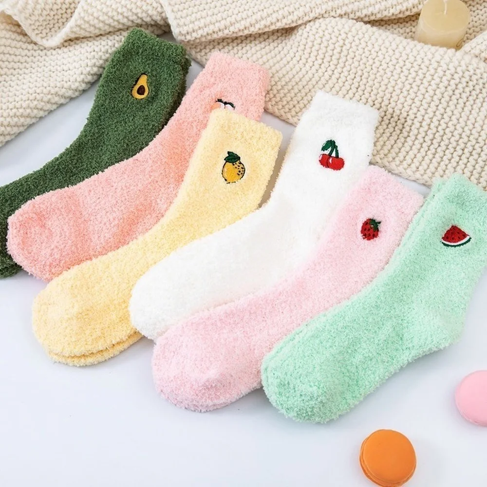 6 Pairs Pure Color Japanese Fruit Embroidery Coral Fleece Women Socks Fashion Candy Color Thickening Warm Sleeping Socks