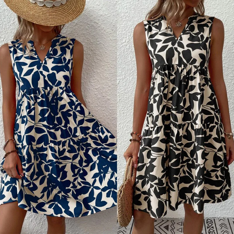 

Summer Women Vintage Floral Print Corset Ruffle Dress Casual Fashion Sleeveless V Neck High Waist Vacation Dress Outfits