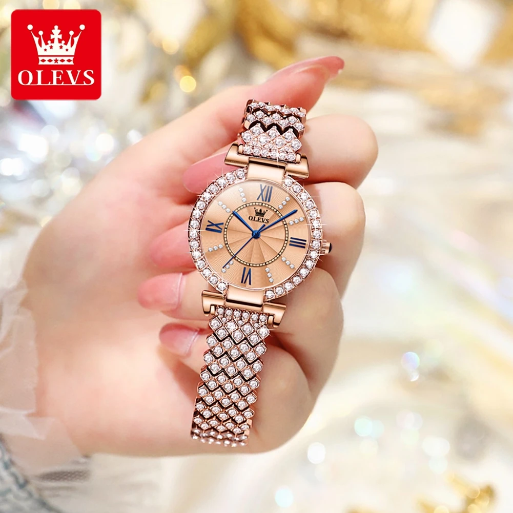 OLEVS Women's Watches Fashion Original Quartz Wrist Watch for Ladies Roman Dial Dazzling Diamond Waterproof Luminous Luxury New