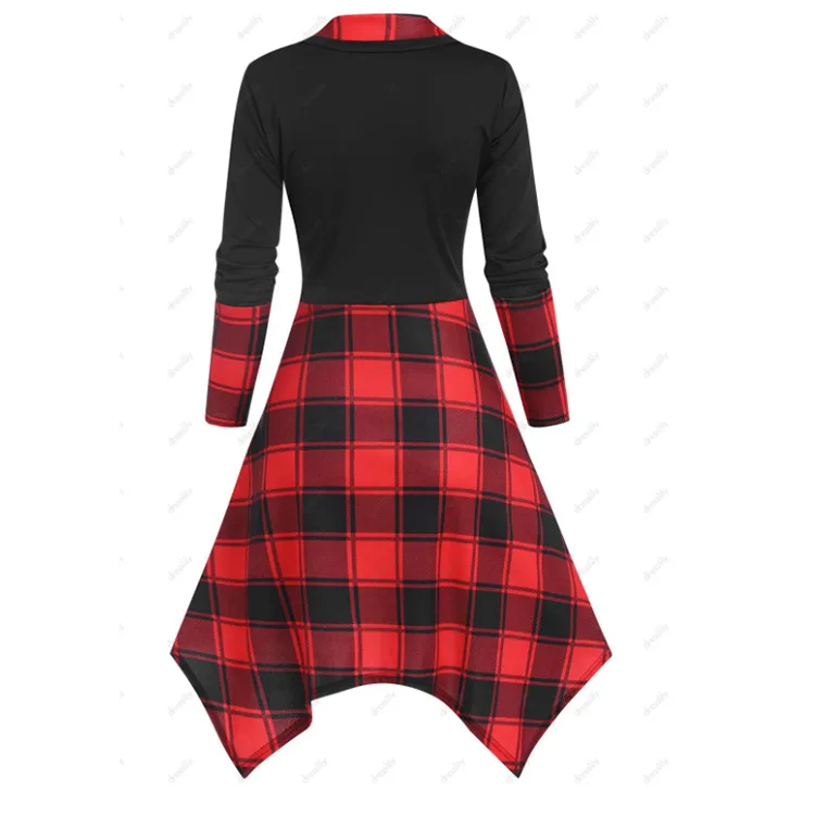 Женское платье в стиле панк готическое клетчатое пэчворк на пуговицах с длинным