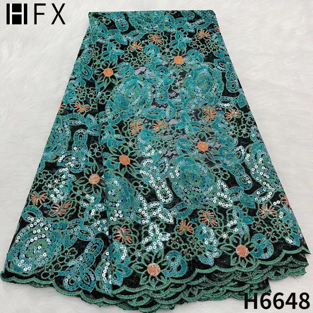 

HFX Nigerian Lace Fabric 2022 High Quality Lace Green African Sequined Embroidered Net Lace Fabric 5 Yards For Party Dress F6648