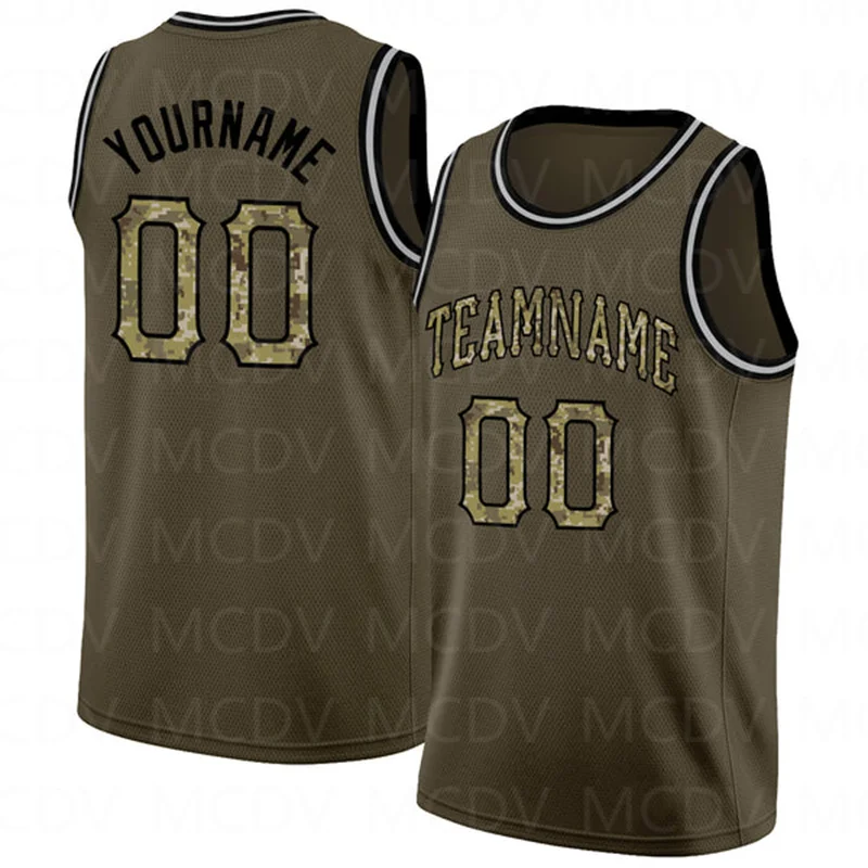 

Custom Olive Camo-Black Round Neck Rib-Knit Salute To Service 3D Print Team Name Number Vest Game Practice Clothes Adult/Youth