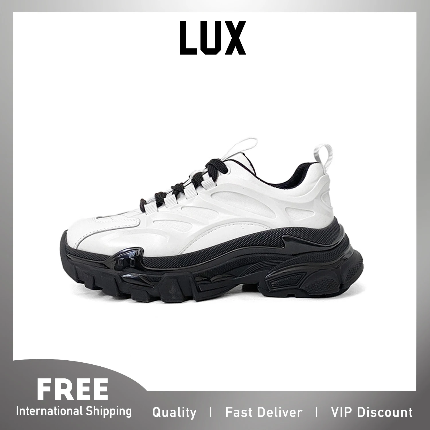 

LUX 2022 Trendy Fashion Style Vintage Genuine Leather Black White Camel Sneakers for Women Thick Shoe Sole Height Increasing