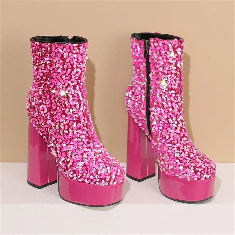 

Platform Women Ankle Boots 2023 Winter New Fashion Sequined Women Boots Square High Heel Female Punk Women Shoes Dropshopping
