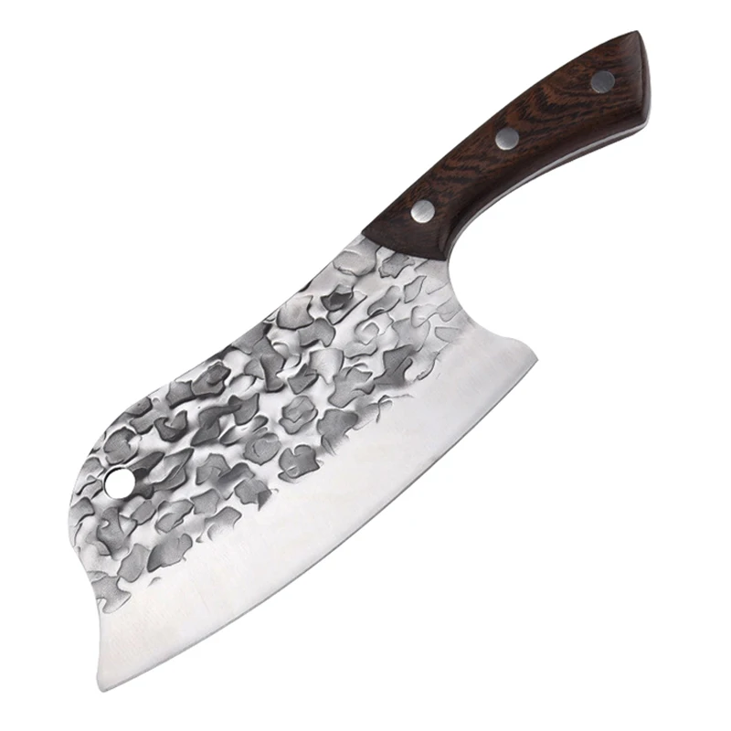 Traditional Handmade Forged Kitchen Knife Hammer Stainless Steel Chef's Chopper Cooking Knives Wooden Meat Slicer Butcher