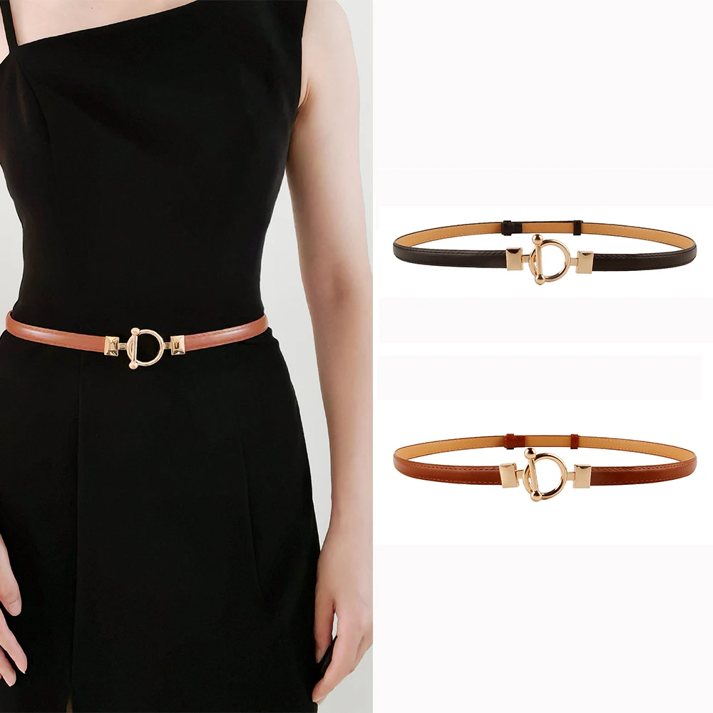 

Женский тонкий кожаный ремень с золотистой эластичной пряжкой