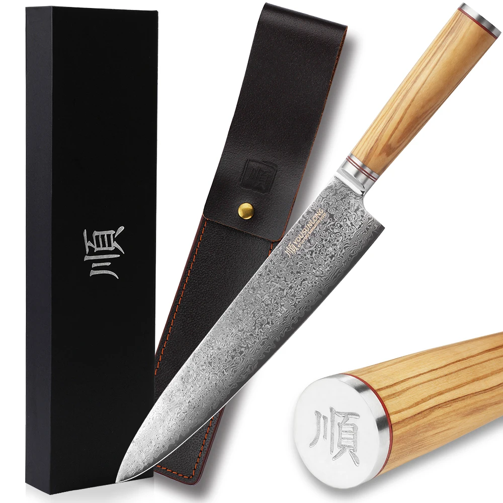 

YOUSUNLONG Chef's Knife 10 Inch (25.5cm) Japanese Cleaver Damascus Steel Super Sharp - Italian Olive Wood Handle With Leather Sh