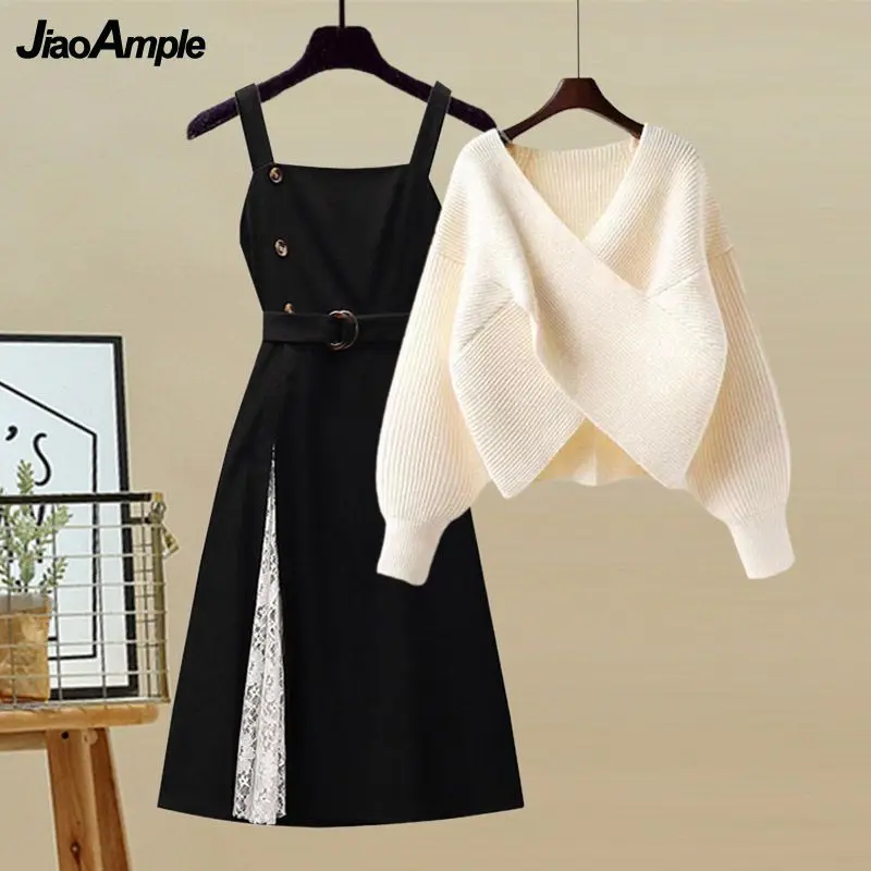 

2023 Autumn/Winter New in Matching Set Women's Fashion V-neck Knitwear Sweater Sling Skirt Two Piece Korean Elegant Dress Suit